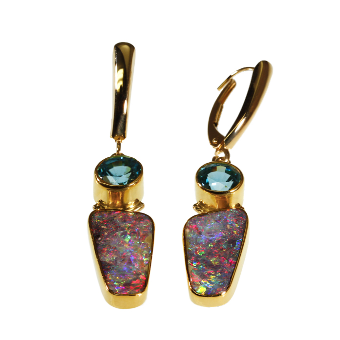 “Lost in the Caribbean“ dangle earring, Hand-cut Australian Boulder Opals, 1.94 total carats, with a 1.94 carat Blue Zircon, set in 22k & 14k yellow gold.