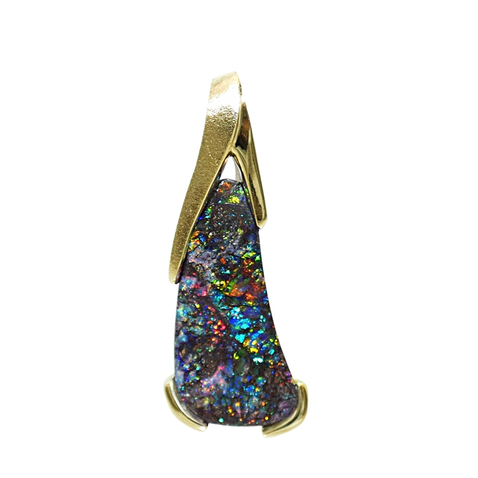 Channel Set Pendant Item# CCJ-KPY-BO-2431 Designer: KC / Grace Koorey Stone: Modified-Triangle Boulder Opal Setting: 14KYG = 12 DWT