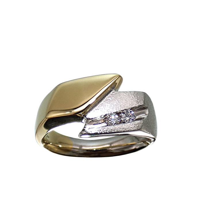 "COMET " Channel Set Men's Ring Item# KRYW-D-3608 Designer: Grace Koorey Stone: Two brilliant cut Diamonds = .09ct Setting: 18KYG/14KWG = 10.2 DWT