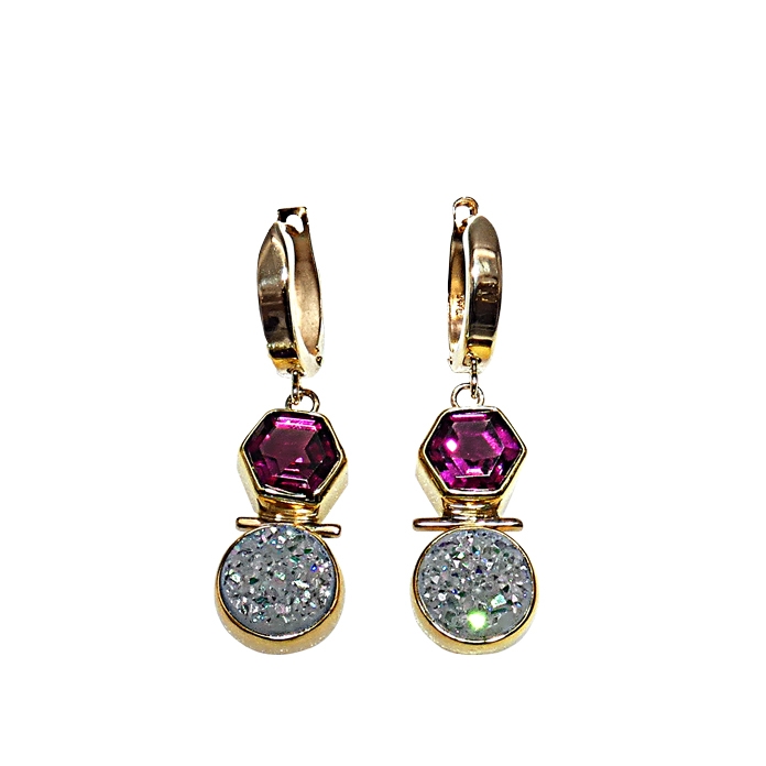 Bezel wrapped earrings
Item# KEY-OWD-RG-1575
Designer: Dowdy KID
Stone: Opalized white drusy with overlay, rhodolite garnet 
Setting: 22K/14KYG = 5.54grams